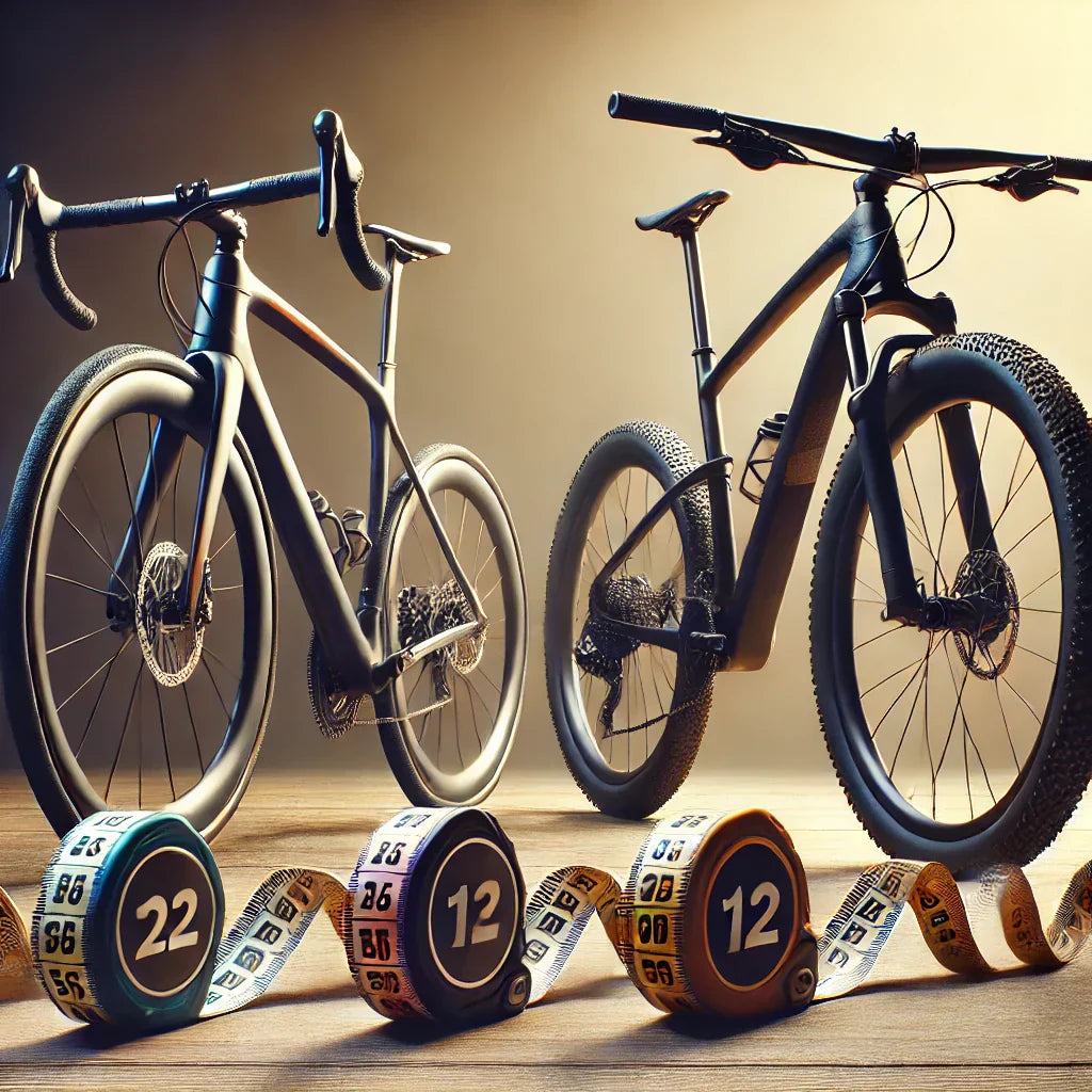 Dos bicicletas, una de carretera y una de montaña, con geometrías actualizadas, acompañadas de una cinta métrica para representar cómo elegir la talla correcta de una bicicleta.